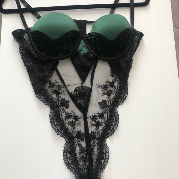 ❤️SOLD❤️Oh La La Cheri Paulette Lace Trim Satin Thong Bodysuit Black Green - Picture 10 of 13